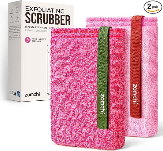 ZOMCHI Body Scrubber, Exfoliating Sponge with Different Levels, Body Exfoliator for Removing Dead Skin, Gentle & Deep Scrub for Women & Men (2-Pack, Pink)