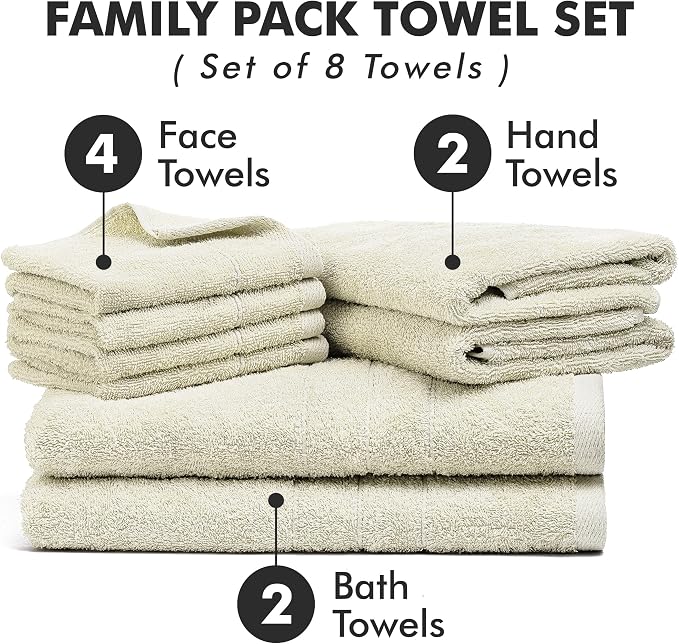 Bath Towels Set of 8 – 100% Ring Spun Cotton (Ivory) Bathroom Towel Set Bale Includes 2 Bath, 2 Hand, 4 Face Towels – 550 GSM Soft, Absorbent & Quick Dry Towel for Bathroom, Spa, Kitchen, Hotel Use