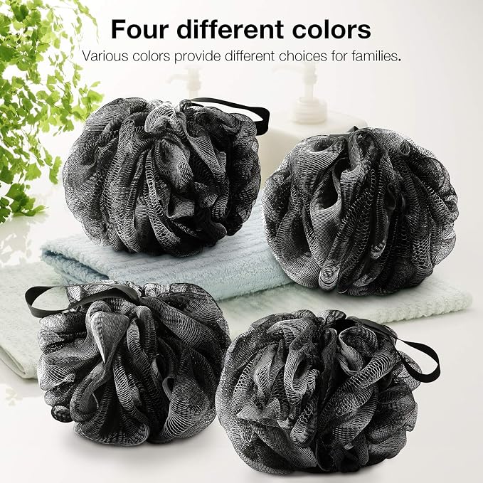 DadyMart Bath Shower Loofah Sponge 60g Bath Mesh Pouf Shower Ball Body Scrubber Exfoliating Bath Sponge for Women and Men, Set of 4, Black