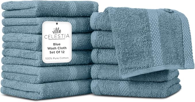 Cotton Washcloths Set of 12, 12x12 Inch, 100% Ring-Spun Combed Cotton, Soft Absorbent Quick-Dry Wash Cloths for Face and Body, Oeko-TEX Certified, Hotel & Spa Quality, Blue