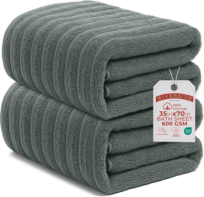 RIVERSIDE Pack of 2 Extra Large Bath Sheet Towels, 35 x 70 Inches, 600 GSM, Ribbed Stripe, 100% Cotton - Super Soft, Highly Absorbent & Quick Dry for Bathroom, Spa & Hotel, Gray