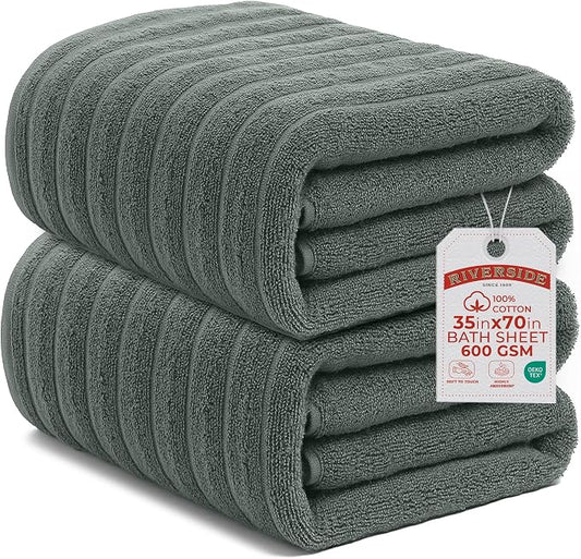 RIVERSIDE Pack of 2 Extra Large Bath Sheet Towels, 35 x 70 Inches, 600 GSM, Ribbed Stripe, 100% Cotton - Super Soft, Highly Absorbent & Quick Dry for Bathroom, Spa & Hotel, Gray