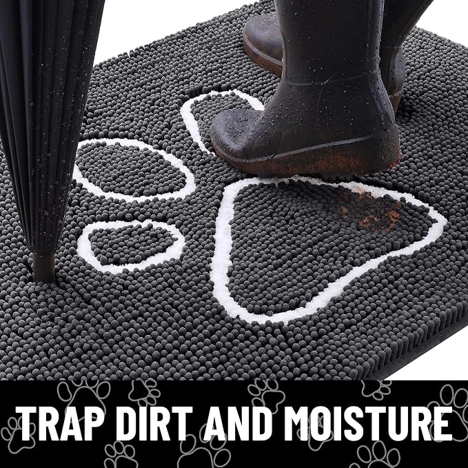 Smiry Dog Door Mat for Muddy Paws, Absorbent Dirt Trapper Non Slip Quick Dry Washable Chenille Mat for Mud Dogs, Entry Rug for Indoor and Outdoor (40x24 Inches, Dark Grey and White)