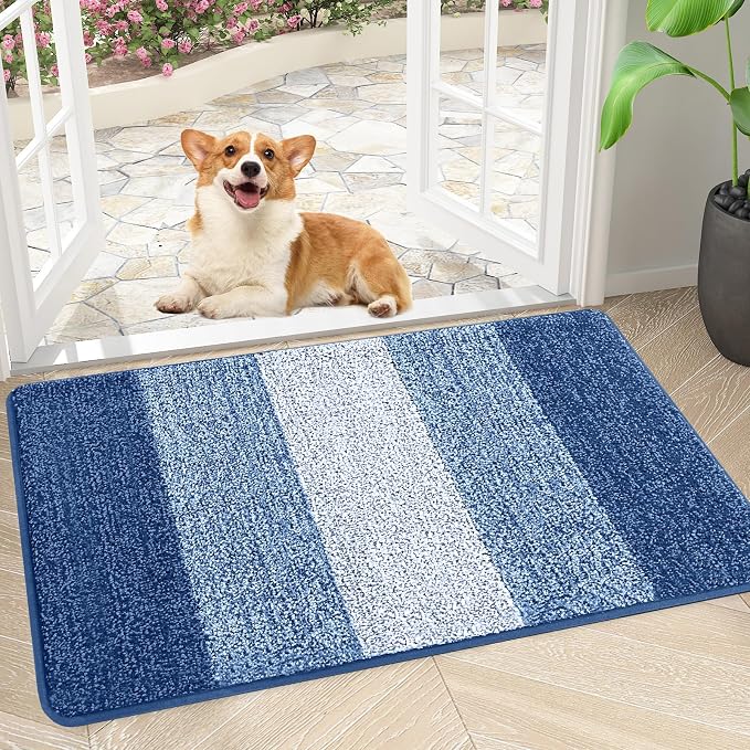 Smiry Dog Door Mat for Muddy Paws, Absorbs Moisture and Dirt, Low-Profile Entryway Mat with Non-Slip Backing, Entry Indoor Outdoor Doormat for Inside Floor (34x21 Inches, Navy Blue, Striped)