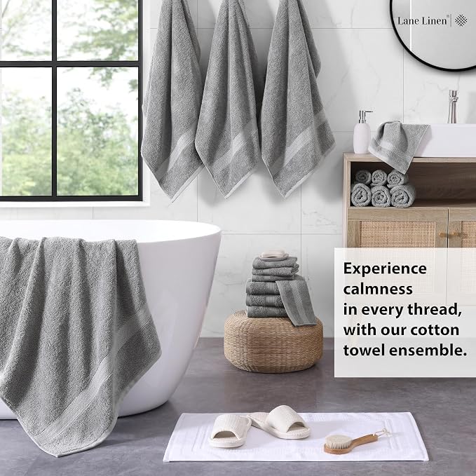 LANE LINEN 100% Cotton Towel Set for Bathroom - 18 Piece - Super Soft, Quick Dry & Highly Absorbent - 4 Bath, 8 Wash Cloth, 6 Hand Towels - Turkish Quality, Durable & Easy Care - Space Grey