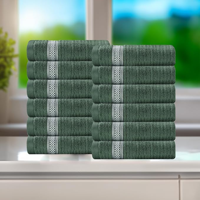 Superior Cotton Face Towel/Washcloth Set, Zero Twist, Ribbed Geometric, Small Facial Towels, Spa, Hotel, Guest, Home, Bathroom Basics, Plush Soft Absorbent, Luxury Quick Dry, Set of 12, Forest Green