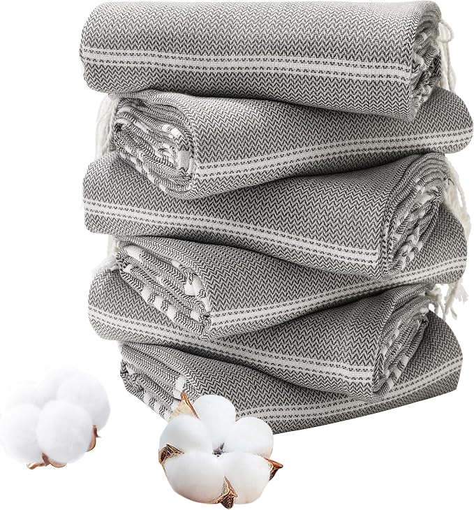 Genovega 6 Packs Oversized Turkish Beach Towels Set 74"x38" Extra Large Sand Free Quick Dry Absorbent Swim Bath Pool Towel Adult Travel Essentials Blanket Accessories Vacation Grey Stripe