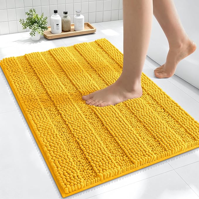 Smiry Thick Small Chenille Bathroom Rugs 24x16, Extra Absorbent Striped Bath Mat, Machine Washable, Rubber Backing, Bath Rugs for Bathroom, Tub & Shower, Home Decor Accessories, Golden Yellow