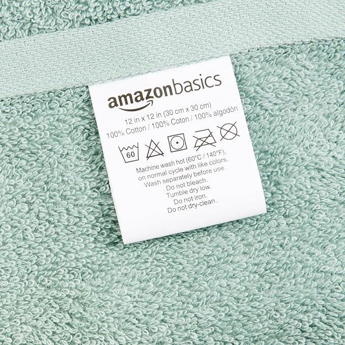 Amazon Basics Highly Absorbent, Soft & Durable 100% Cotton Washcloths for Bathroom, Body and Face, Lightweight, Fast Drying, 12 x 12 inches, Seafoam Green, Ice Blue, White, (Pack of 144)
