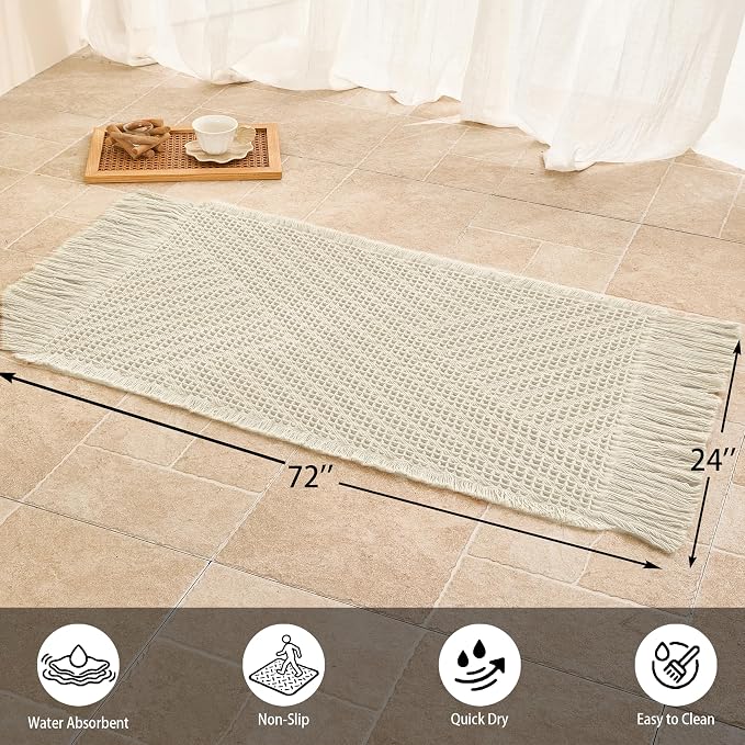 Waffle Runner Rug Non Slip, Boho Bath Mat, Super Absorbent Quick Dry Long Bath Runner Bathroom, Soft Farmhouse Bath Rug with Tassels, Washable Shower Mats for Floor 24"x72", Tassels Cream