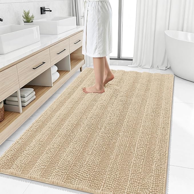 Smiry Thick Chenille Large Bathroom Rugs 50x30, Extra Soft Absorbent Striped Bath Mat, Machine Washable, Rubber Backing, Bath Rugs for Bathroom, Tub & Shower, Home Decor Accessories, Beige