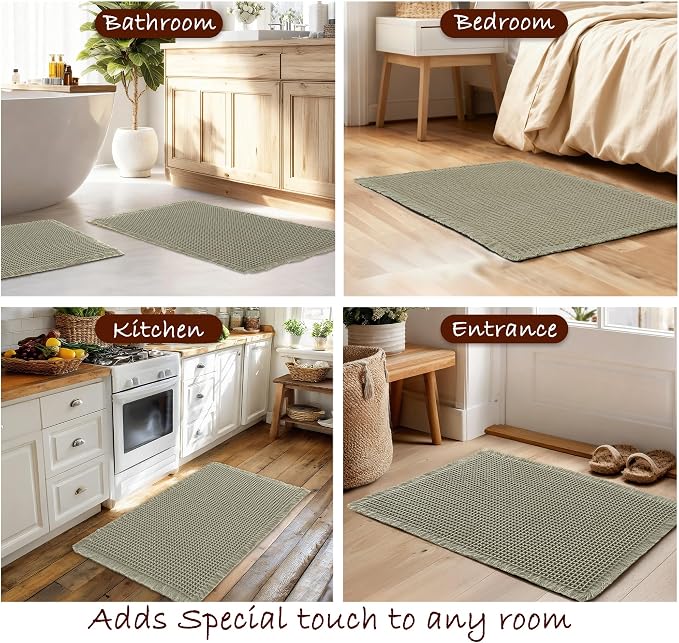 DWCN Waffle Bathroom Mat Set, Super Absorbent Non Slip Bath Rug Set for Bath Floor, Shower Mats 2 Pcs for Tub, Washable Kitchen Rugs for Farmhouse Boho Home Decor, 24"x16"Plus 32"x20", Olive Green