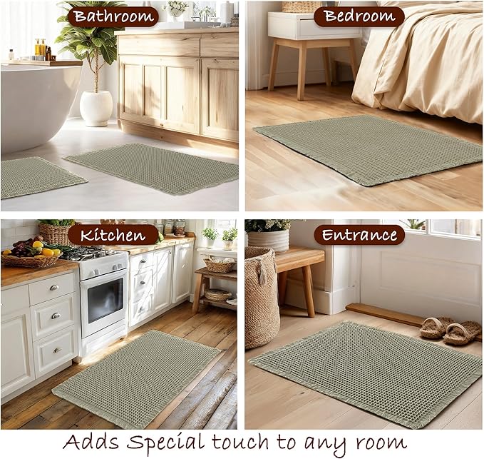 DWCN Olive Green Waffle Bathroom Mat Set, Super Absorbent Non Slip Bath Rug Set for Bathroom Floor, Shower Mats 2 Piece for Tub, Washable Kitchen Rugs for Farmhouse Boho Home Decor, 20 x 32 Inch