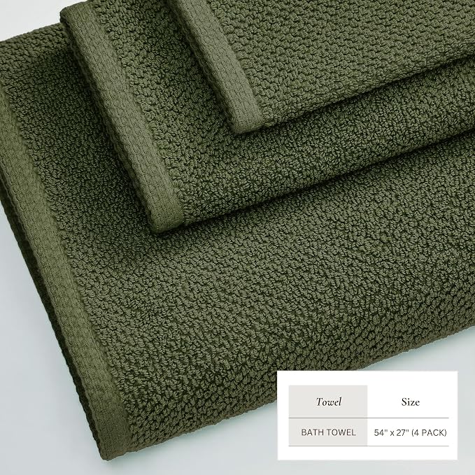 Great Bay Home 100% Cotton 4 Pack 54x27 Bath Towel Set - Absorbent, Quick-Drying, Durable Towels for Bathroom Decor - Low-Twist, Two-Ply Fibers (Forest Green)