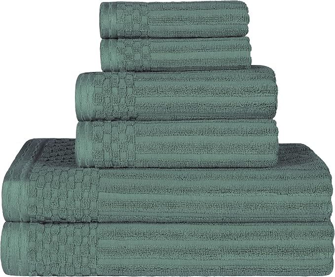 Superior 6 Piece Cotton Towel Set, Includes 2 Bath Towels, 2 Hand Towels, 2 Face Towel/Washcloths, Daily Use for Bathroom, Guest Bath, Ribbed, Absorbent, Home Essentials, Soho Collection, Basil