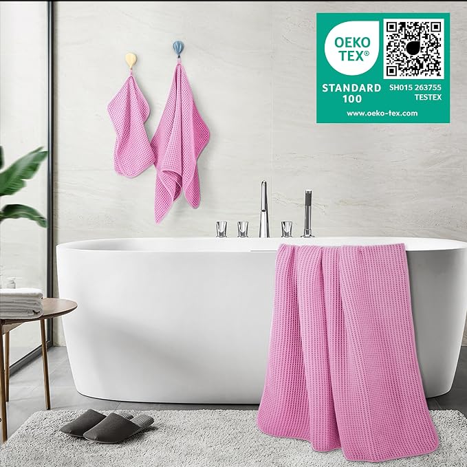 POLYTE 430 GSM Microfiber Quick Dry Lint Free Oversize Bath Towel Set, 6 Piece (Waffle Weave)