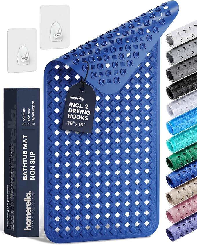 Bathtub Mat Non Slip 35x16 - homerella® Bath Mat Incl. Hooks for Drying, Extra Long, 100% BPA Free, Shower Mat Non Slip Anti Mold, Machine Washable, Shower Mats for Inside Shower Mildew Resistant