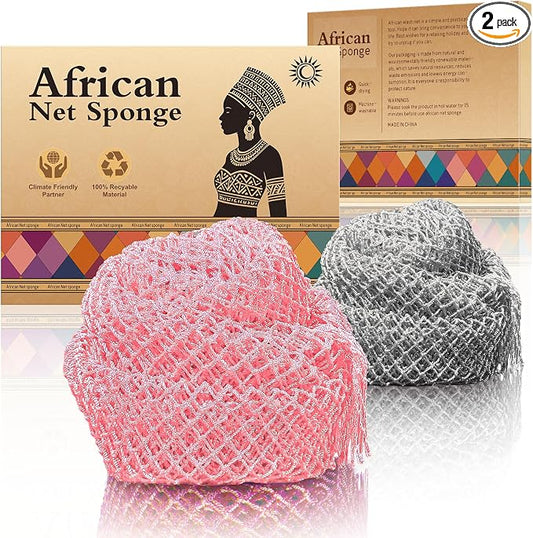 Real African Net Sponge - 2 Pieces Premium Body Exfoliator - Gentle Scrub for Dry/Sensitive Skin - Durable & Easy Rinse Shower Essential (Pink Gray)