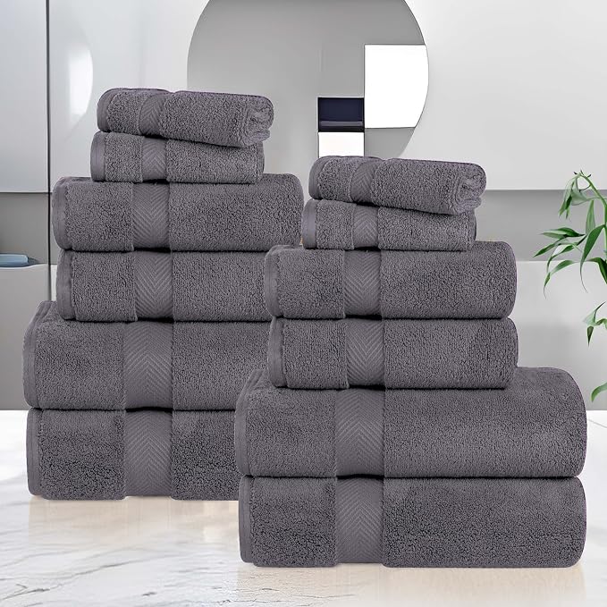 Superior Zero Twist Cotton 12 Piece Assorted Towel Set, Includes 4 Bath, 4 Hand, 4 Washcloth/Face Towels, Quick Dry, Home Essentials, Shower, Spa, Luxury Plush Soft Absorbent Towels, Grey