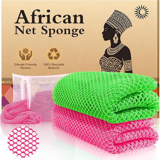 Authentic African Net Sponge (2PCS) - Exfoliating Bath Tool, Face/Body Exfoliator, Travel Compact, Long-Lasting & Hypoallergenic(Pink,Green)