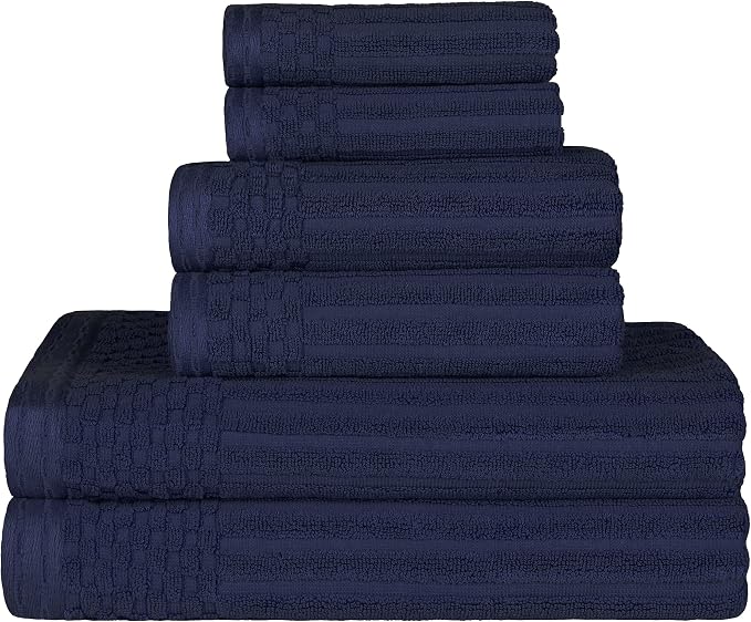 Superior Cotton 6-Piece Solid and Ribbed Towel Set, Face Towels 13” x 13”, Hand Towels 16” x 28”, Bath Towels 27” x 54”, Navy Blue by Superior