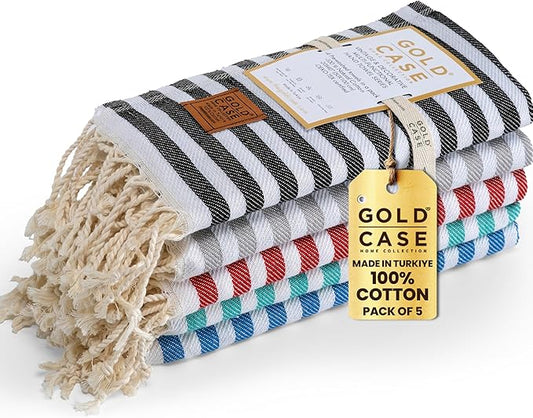 Gold CASE Turkish Hand Towels Set of 5 – 100% Cotton Hand Towels for Bathroom 20 x 40'' – Soft & Quick Dry Cotton Towel for Hands, Hair, SPA & Gym – Elegant Bathroom Towel Set in Multi 1