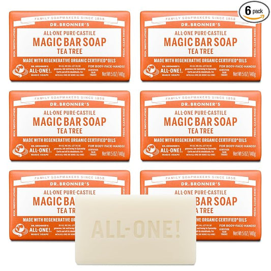Dr. Bronner's Pure-Castile Magic Bar Soap (Tea Tree, 5 ounce, 6-Pack) - Made with Regenerative Organic Certified Oils, For Face, Body & Hair, Gentle, Vegan, Non-GMO