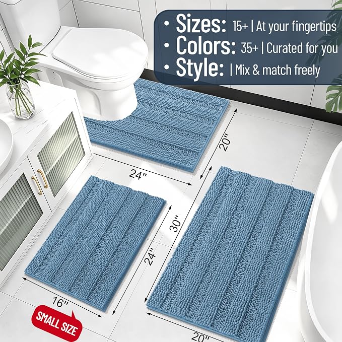 Smiry Thick Chenille Bathroom Runner Rugs 59x20, Absorbent Striped Bath Mat, Machine Washable, Rubber Backing, Extra Long Bath Rugs for Tub & Shower, Modern Home Decor Accessories, Airy Blue