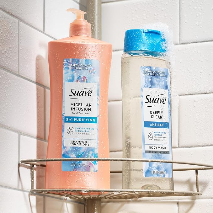 Suave Micellar Infusion 2-in-1 Purifying Shampoo + Conditioner, Gently Cleanses & Conditions for Manageable Hair, Daily Use for All Hair Types, 28 FL OZ Pump, 4 Count (Pack of 2)