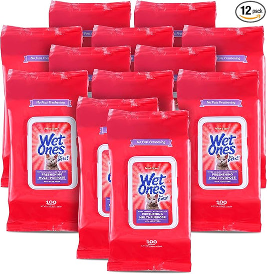 Wet Ones for Pets Freshening Multipurpose Cat Wipes with Aloe Vera, Fresh Scent - Easy to Use Cat Freshening and Grooming Wipes with Wet Lock Seal, 100 Count - 12 Pack
