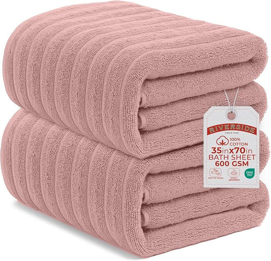 RIVERSIDE Pack of 2 Extra Large Bath Sheet Towels, 35 x 70 Inches, 600 GSM, Ribbed Stripe, 100% Cotton - Super Soft, Highly Absorbent & Quick Dry for Bathroom, Spa & Hotel, Dusty Rose