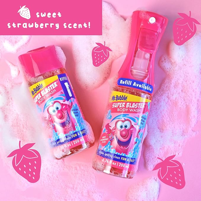 Mr. Bubble Super Blaster Body Wash, Sweet Strawberry Splash Scent, Fun Body Wash Sprayer for Kids Shower and Bath, 6.76 fl oz