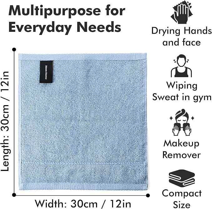 Face Towels Pack of 12 – 100% Cotton Wash Cloths (12x12 inch) – 550 GSM Soft, Quick Dry & Highly Absorbent Ring Spun Cotton Towels for Bathroom, Spa, Gym, Kitchen and for Daily Use - (Sky Blue)