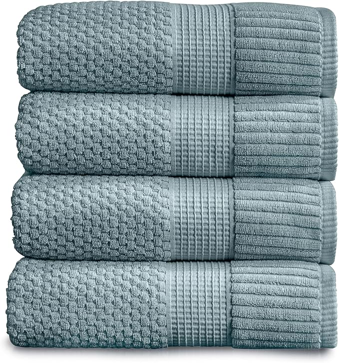 NY Loft 100% Cotton 4-Pack Bath Towel Set | Stormy | Oeko-TEX | Quick-Dry | Four 30" x 52" Bath Towels | Super Absorbent | Designer-Styled Texture