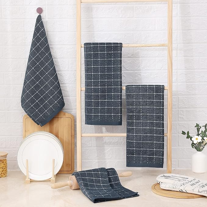 Homaxy 100% Cotton Terry Kitchen Towels(Dark Grey, 20 x 28 inches), Checkered Designed, Soft and Super Absorbent Dish Towels, Large 8 Pack
