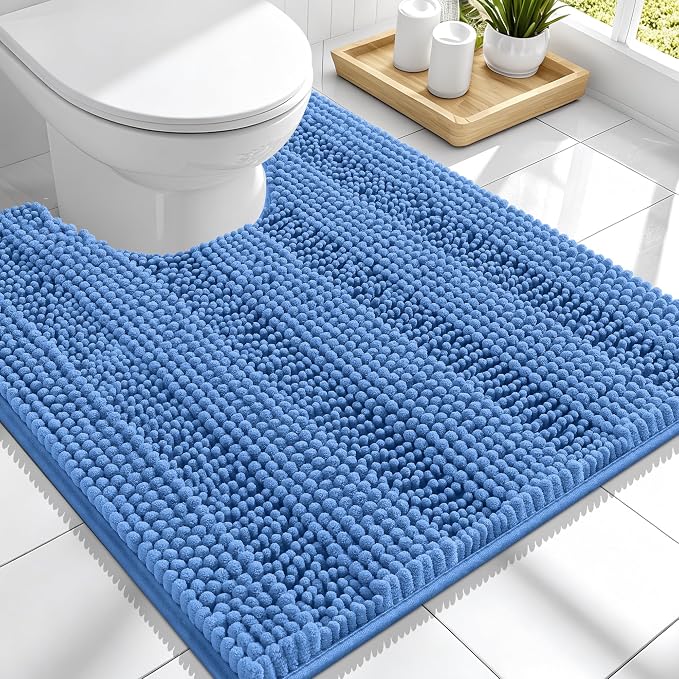 Smiry Thick Chenille Toilet Rugs U-Shaped 24x20, Extra Soft Absorbent Striped Contour Bathroom Rugs, Machine Washable, Dry Quickly, Bath Mat, Cornflower Blue