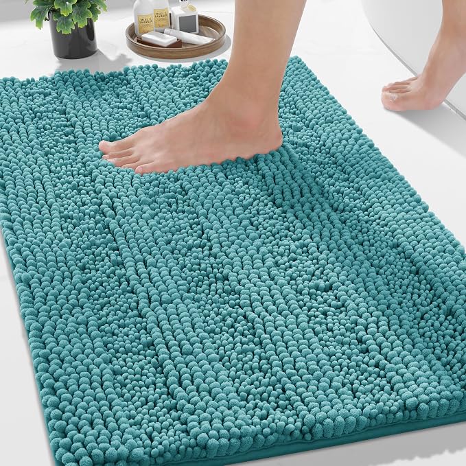 Yimobra Bathroom Rug Mat 32 x 20, Non Slip and Super Absorbent Bath Mat,Machine Washable Quick Dry,Ultra Plush Chenille Shower Rugs for Bathroom Floor Sink Tub and Shower Outside,Teal Blue