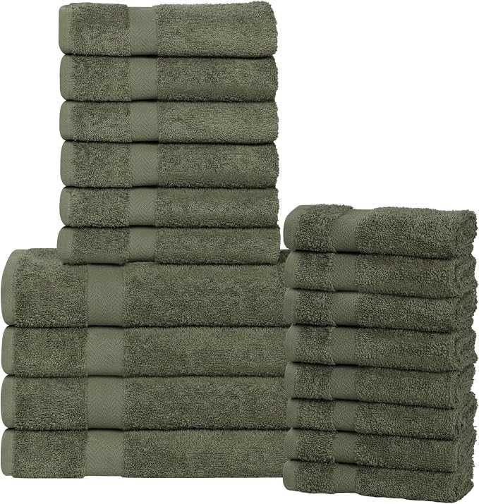 Superior 18-Piece Cotton Assorted Towel Set, Includes 8 Face Towel, 6 Hand, and 4 Bath Towels, Home, Bathroom, Guest Bath Essentials, Quick Dry, Absorbent, Franklin Collection - Forest Green