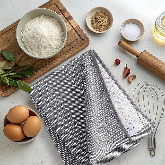 Mordimy Premium Kitchen Towels 8 Pack (18 x 28 Inches, Grey), Large Cotton Kitchen Hand Towel, Flat & Terry Dish Towels for Drying Dishes, Super Absorbent Tea Dishtowels Set with Hanging Loop