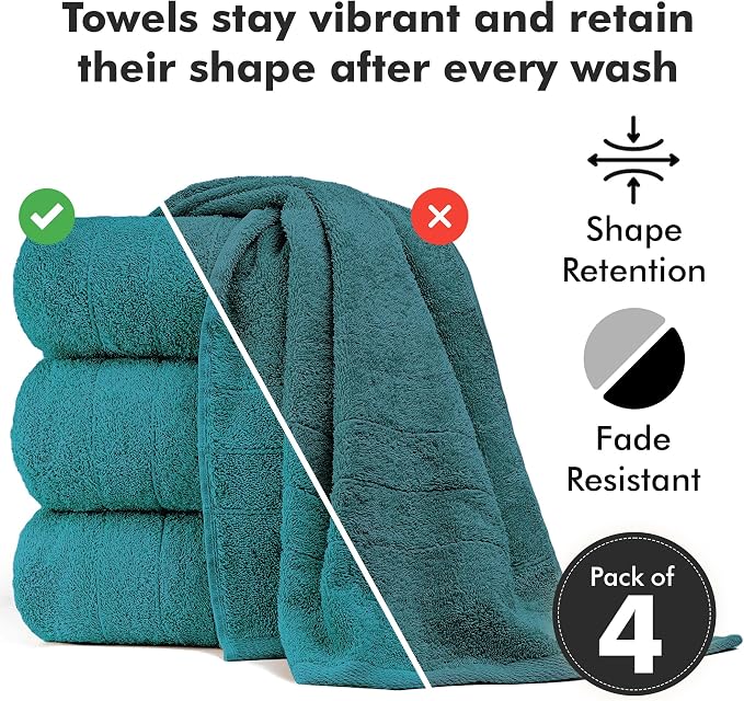 Bath Towels Set of 4 – 100% Ring Spun Cotton Teal Extra Large Towels for Bathroom, Spa Use (55x28 in) – 550 GSM Super Soft and Quick Dry Large Bath Sheets for Adults