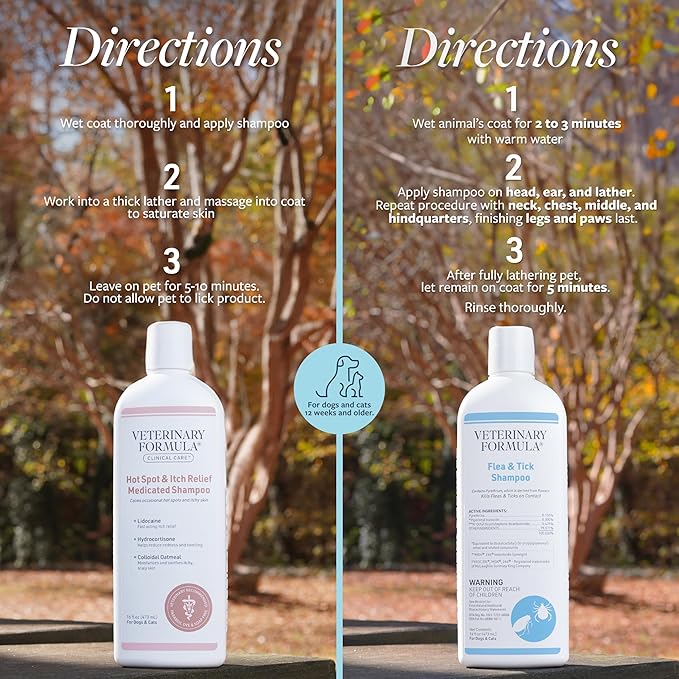 Veterinary Formula Clinical Care Hot Spot & Itch Relief Medicated Shampoo for Dogs and Cats 16oz & Flea and Tick Shampoo for Dogs and Cats, 16 oz