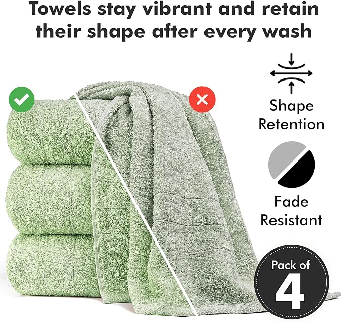 Bath Towels Set of 4 – 100% Ring Spun Cotton Light Green Extra Large Towels for Bathroom, Spa Use (55x28 in) – 550 GSM Super Soft and Quick Dry Large Bath Sheets for Adults