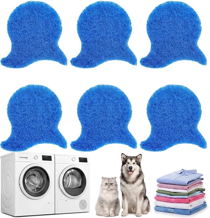 6 Pack Pet Hair Remover for Laundry – Reusable Blue Dog & Cat Fur Catcher for Washing Machine and Dryer, Effectively Traps Lint, Dander from Clothes, Bedding, and Furniture