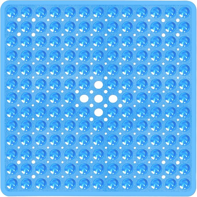 Square Shower Bathtub Mat Non Slip for Inside Shower Clear Blue 21x21 Inch, Shower Stall Mats for Bathroom Floor, Soft Bath Mat for Tub with Big Suction Cups Drain Holes, Easy Washable Dry
