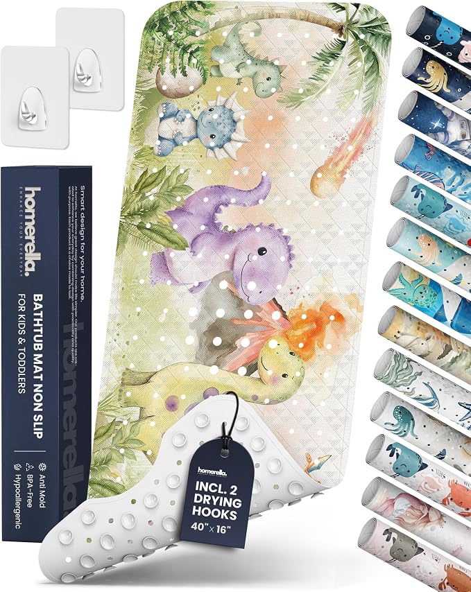 Bath Tub Mat Non Slip Anti Mold for Kids BPA Free INCL Hooks - homerella® Ocean Sea Animals 40x16, Baby Bath Mat Non Slip 200 Suction Cups, Non Toxic Machine Washable Toddler Bath Mat, EU Certified