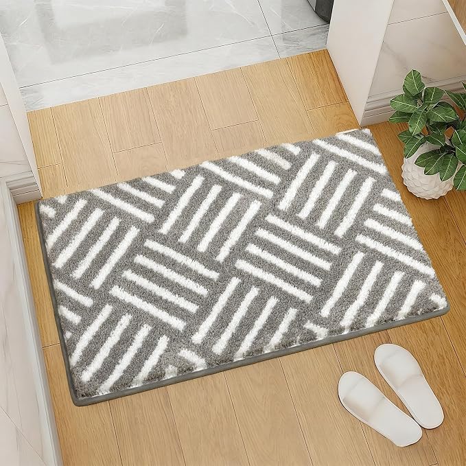 ORTIGIA Striped Gray Bathroom Rugs Non Slip Washable, 20x30 Quick Dry Absorbent Soft Plush Microfiber Bath Mats, Bath Rugs for Bathroom Floor Carpet for Sink Bedroom