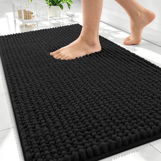 OLANLY Thick Bathroom Rugs 30x20, Extra Soft Absorbent Chenille Bath Rugs, Rubber Backing, Machine Wash Dry, Bath Mats for Bathroom Floor, Tub and Shower, Home Decor Accessories, Black