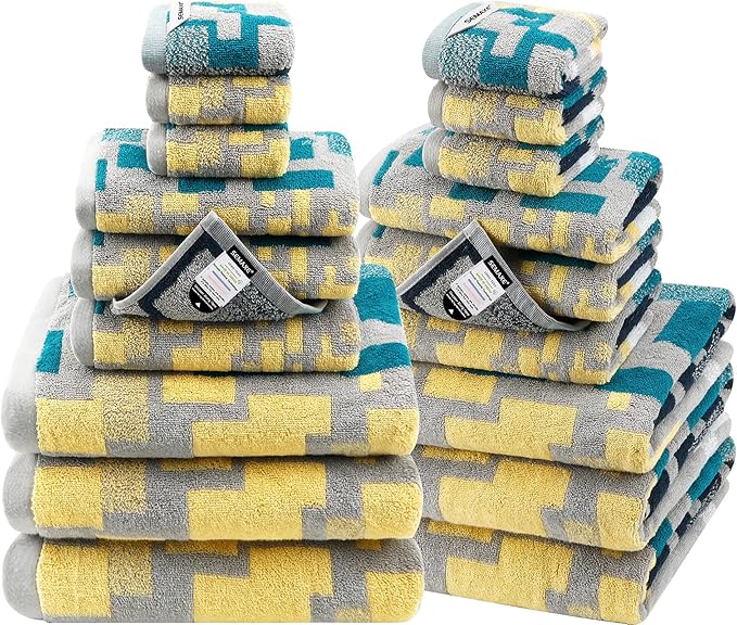 SEMAXE 18-Piece Cotton Bath Towel Set for Bathroom, Geometric Pattern | Stock-up towel set for family bathrooms, guest baths, multi-bath homes, and wash-day rotation, OEKO-TEX certified, easy care
