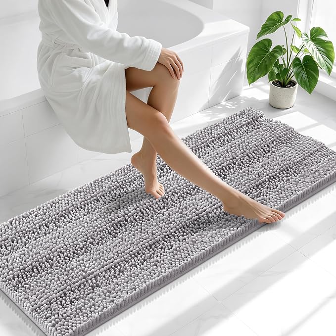 Smiry Thick Chenille Bathroom Runner Rugs 59x20, Absorbent Striped Bath Mat, Machine Washable, Rubber Backing, Extra Long Bath Rugs for Tub & Shower, Modern Home Decor Accessories, Grey