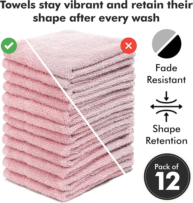 Face Towels Pack of 12 – 100% Cotton Wash Cloths (12x12 inch) – 550 GSM Soft, Quick Dry & Highly Absorbent Ring Spun Cotton Towels for Bathroom, Spa, Gym, Kitchen and for Daily Use - (Baby Pink)